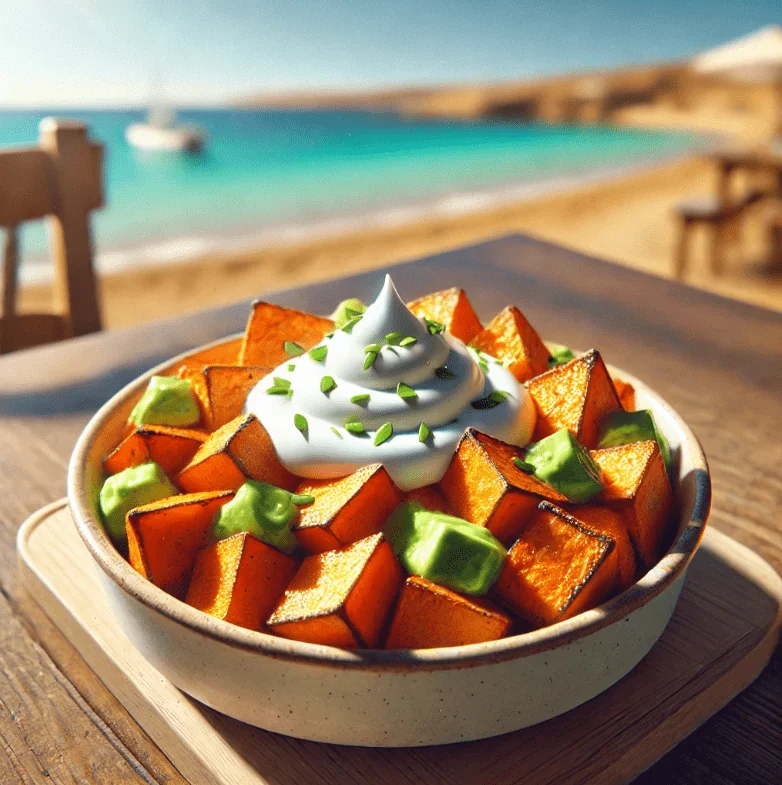 Recette de patate douce en dés croustillants avec crème d'avocat et yaourt grec