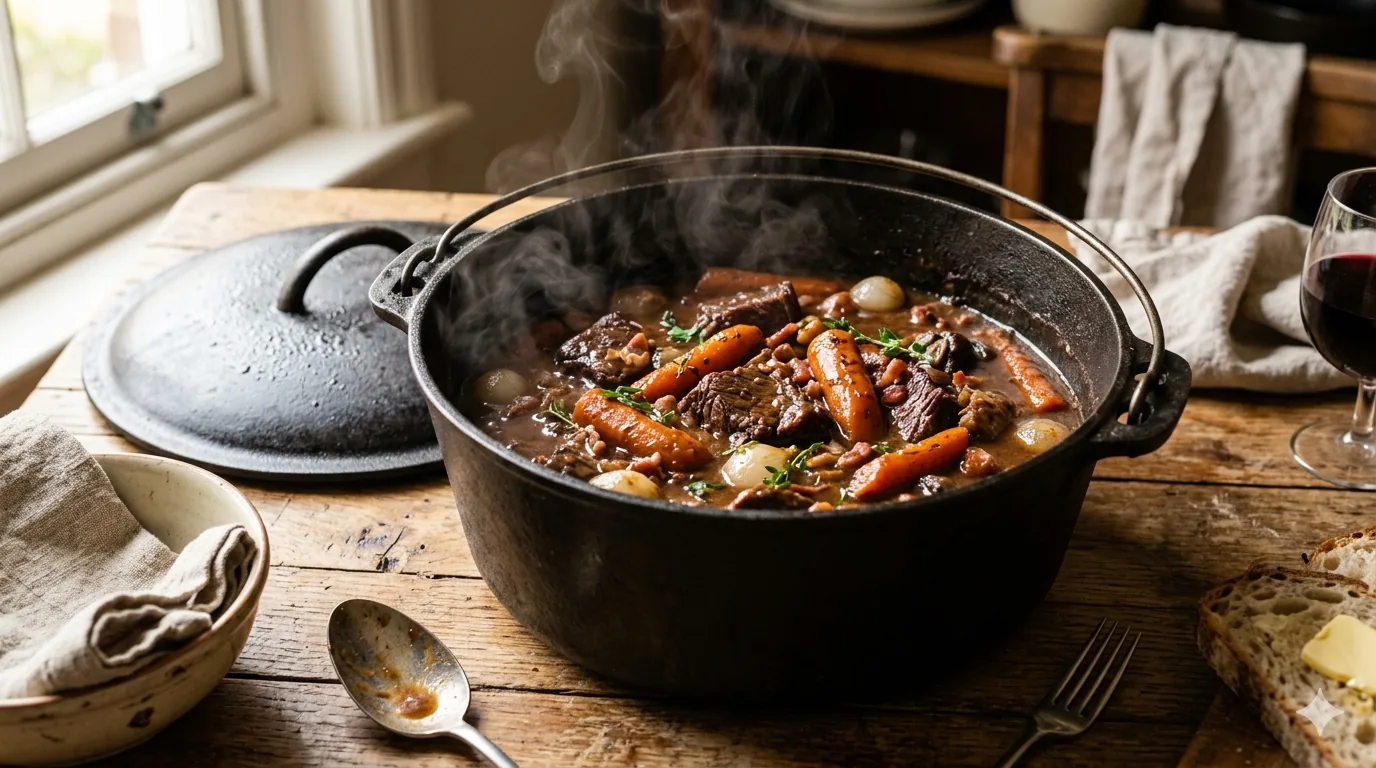 Cocotte en fonte avec bœuf braisé aux carottes fondant dans une sauce brune