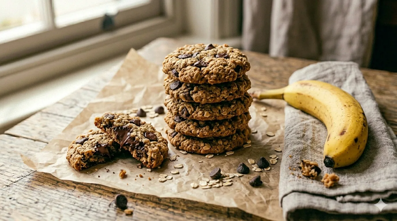 Cookies rustiques à l'avoine chocolat et banane empilés avec cœur fondant visible