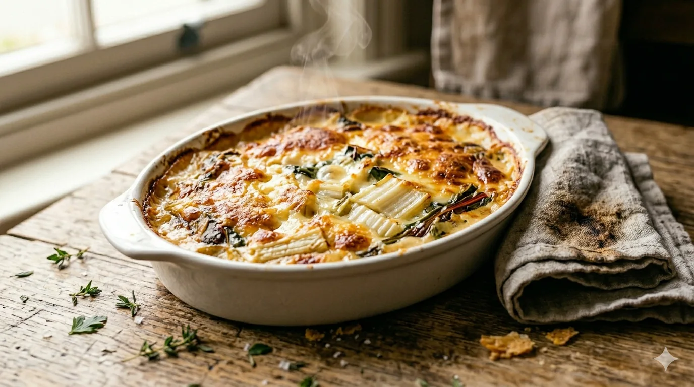 Gratin de côtes de blettes doré et gratiné dans un plat en céramique sorti du four