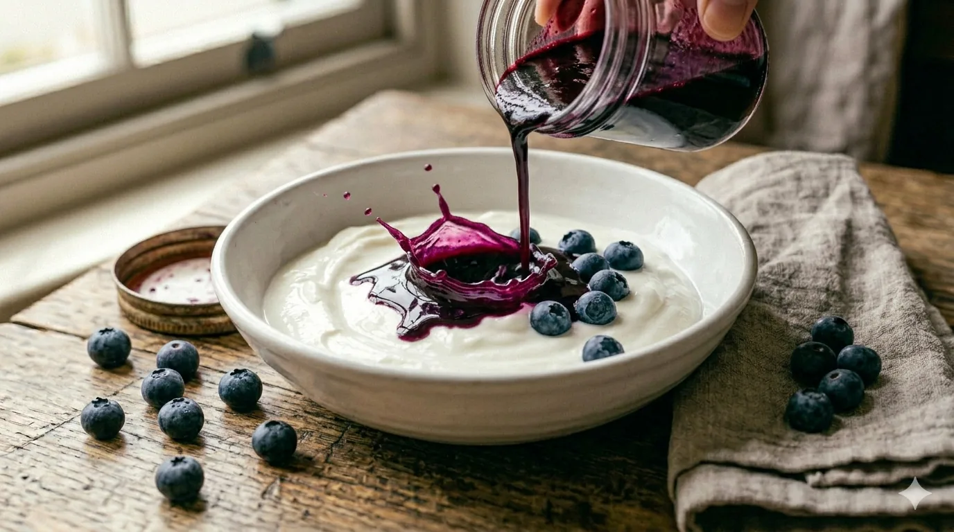 Coulis de myrtilles violet intense versé sur yaourt grec blanc avec myrtilles fraîches