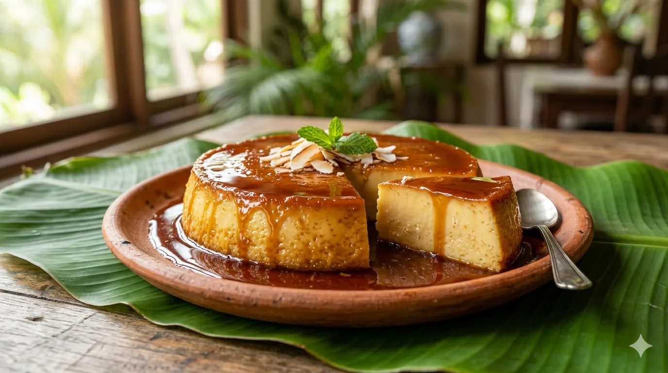 Flan coco antillais sur assiette en terre cuite avec caramel et feuilles de bananier