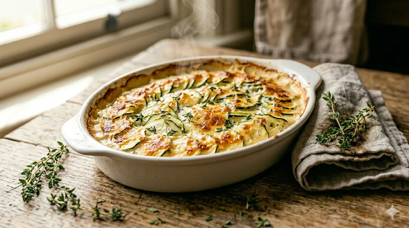 Gratin dauphinois de courgettes crémeux en tranches fines avec croûte dorée gratinée