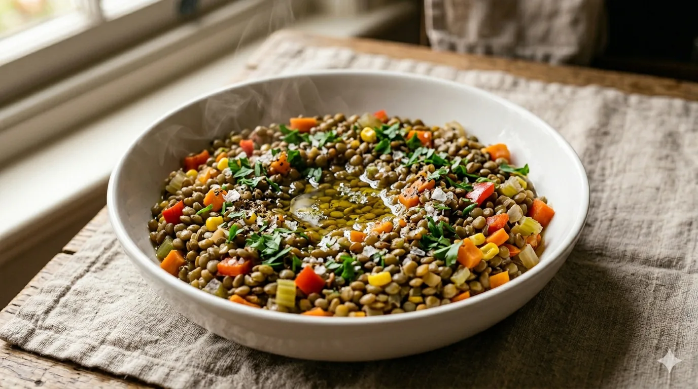 Bol de lentilles vertes cuisinées aux légumes colorés avec persil et huile d'olive