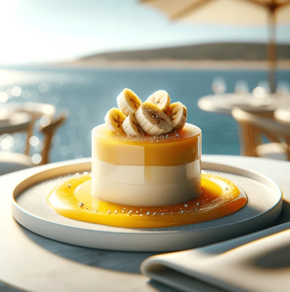 mousse à la banane avec coulis de mangue