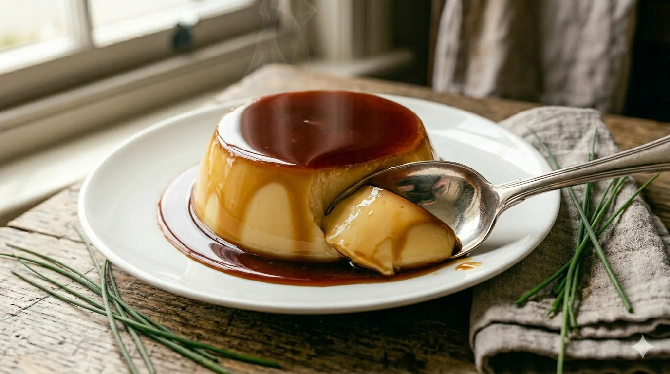 Œufs au lait à l'ancienne démoulés sur assiette avec caramel coulant sur les côtés