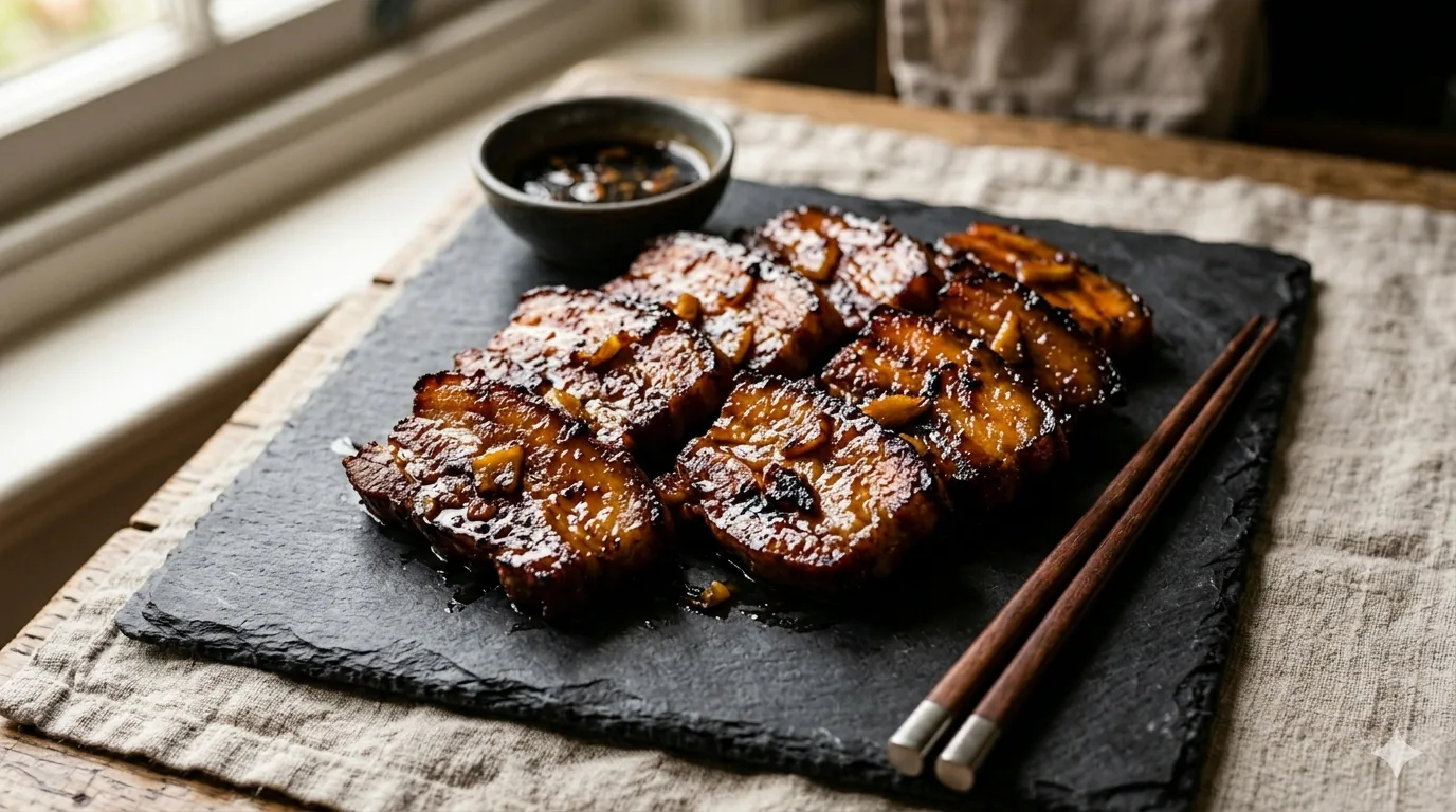 Tranches de poitrine de porc confite caramélisées au miel et gingembre sur ardoise