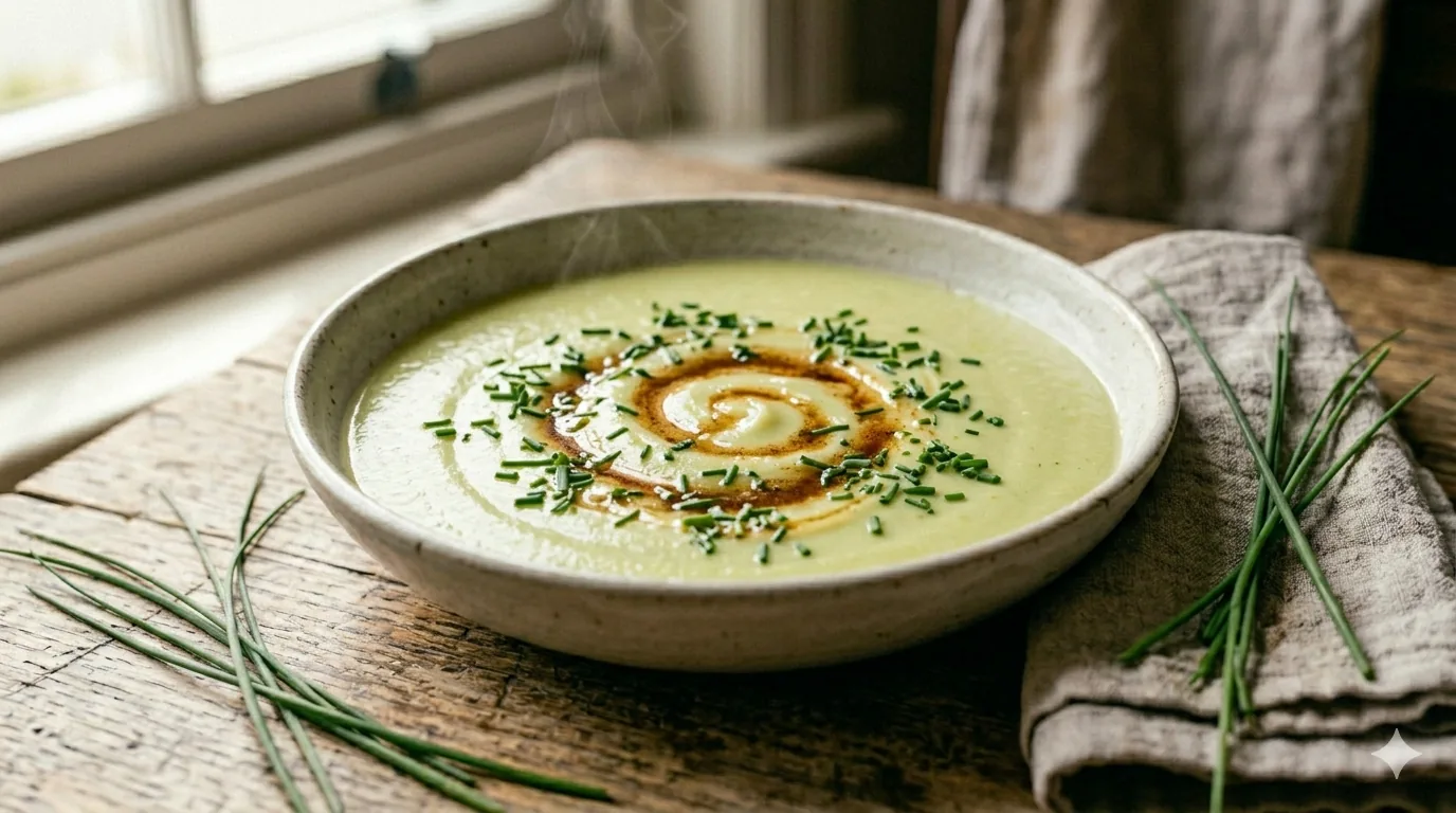 Bol de purée de poireaux et pommes de terre veloutée avec beurre noisette et ciboulette