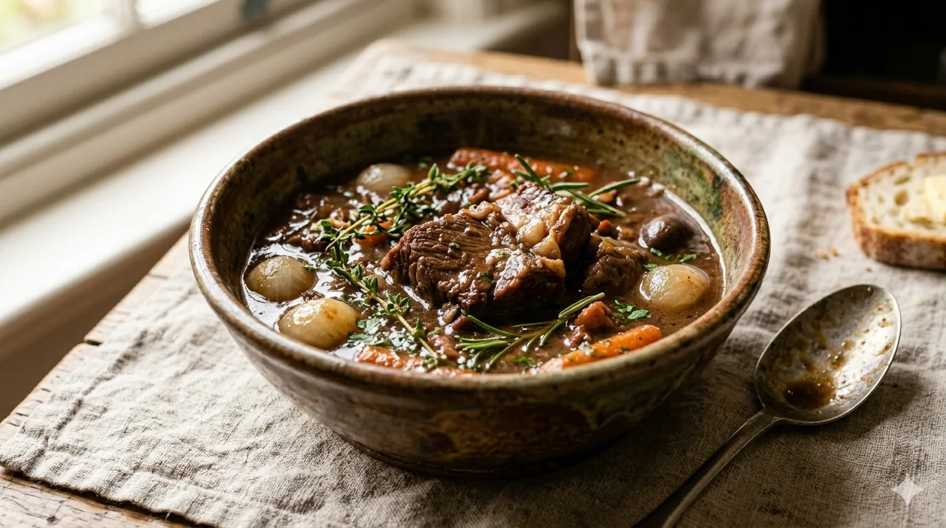 Bol rustique de ragoût de mouton à l'ancienne avec sauce épaisse et herbes