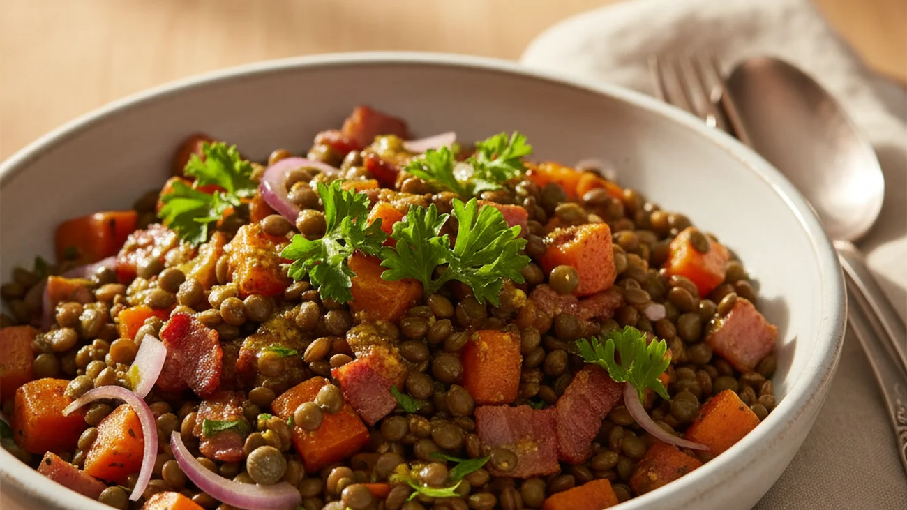Salade de lentilles vertes, carottes et lardons